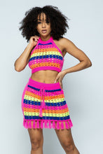 Load image into Gallery viewer, Striped Multi Color Laser Cut Cropped Halter Top/short Skirt Knit 2 Piece Set With Tassels