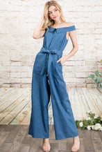 Load image into Gallery viewer, Fold-over Collar Detailed Button Down Off-shoulder Chambray Denim Wide Leg Palazzo Jumpsuit With Waist Tie