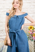 Load image into Gallery viewer, Fold-over Collar Detailed Button Down Off-shoulder Chambray Denim Wide Leg Palazzo Jumpsuit With Waist Tie