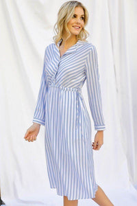 Stripe Print Cinched Waist Long Sleeve Shirt Midi Dress