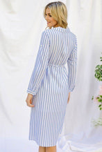 Load image into Gallery viewer, Stripe Print Cinched Waist Long Sleeve Shirt Midi Dress