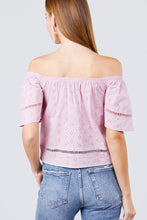 Load image into Gallery viewer, Elbow Sleeve Off The Shoulder Lace Trim Eyelet Detail Woven Top