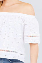 Load image into Gallery viewer, Elbow Sleeve Off The Shoulder Lace Trim Eyelet Detail Woven Top