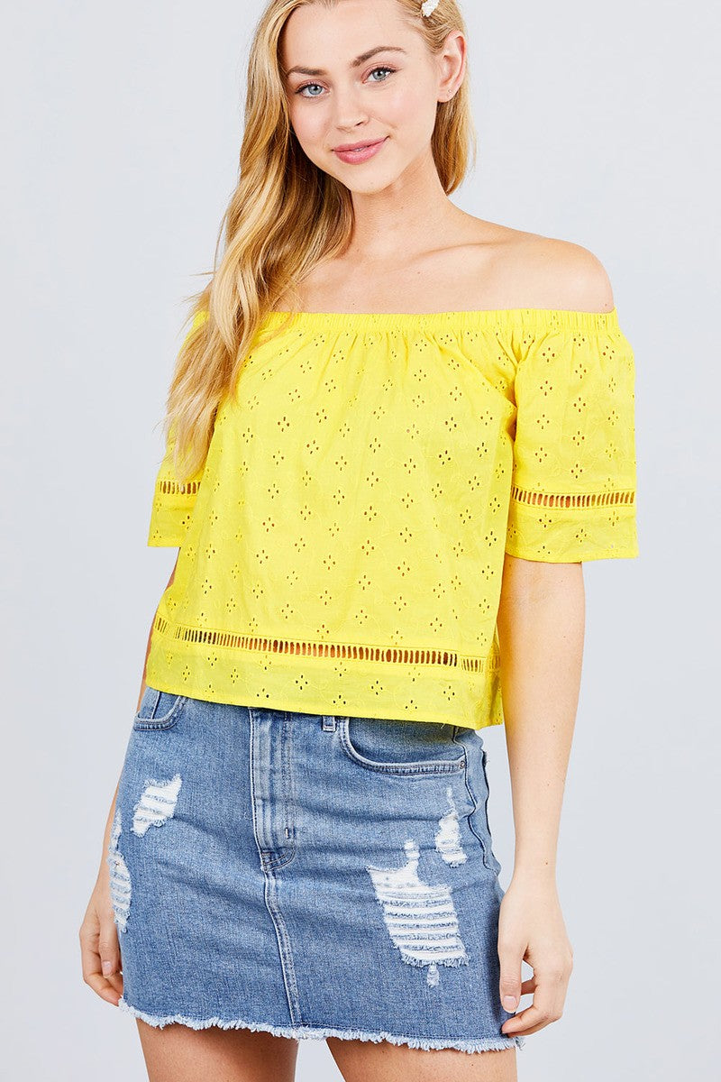 Elbow Sleeve Off The Shoulder Lace Trim Eyelet Detail Woven Top