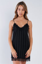 Load image into Gallery viewer, Black Pinstripe Lace Trim Slip Mini Dress