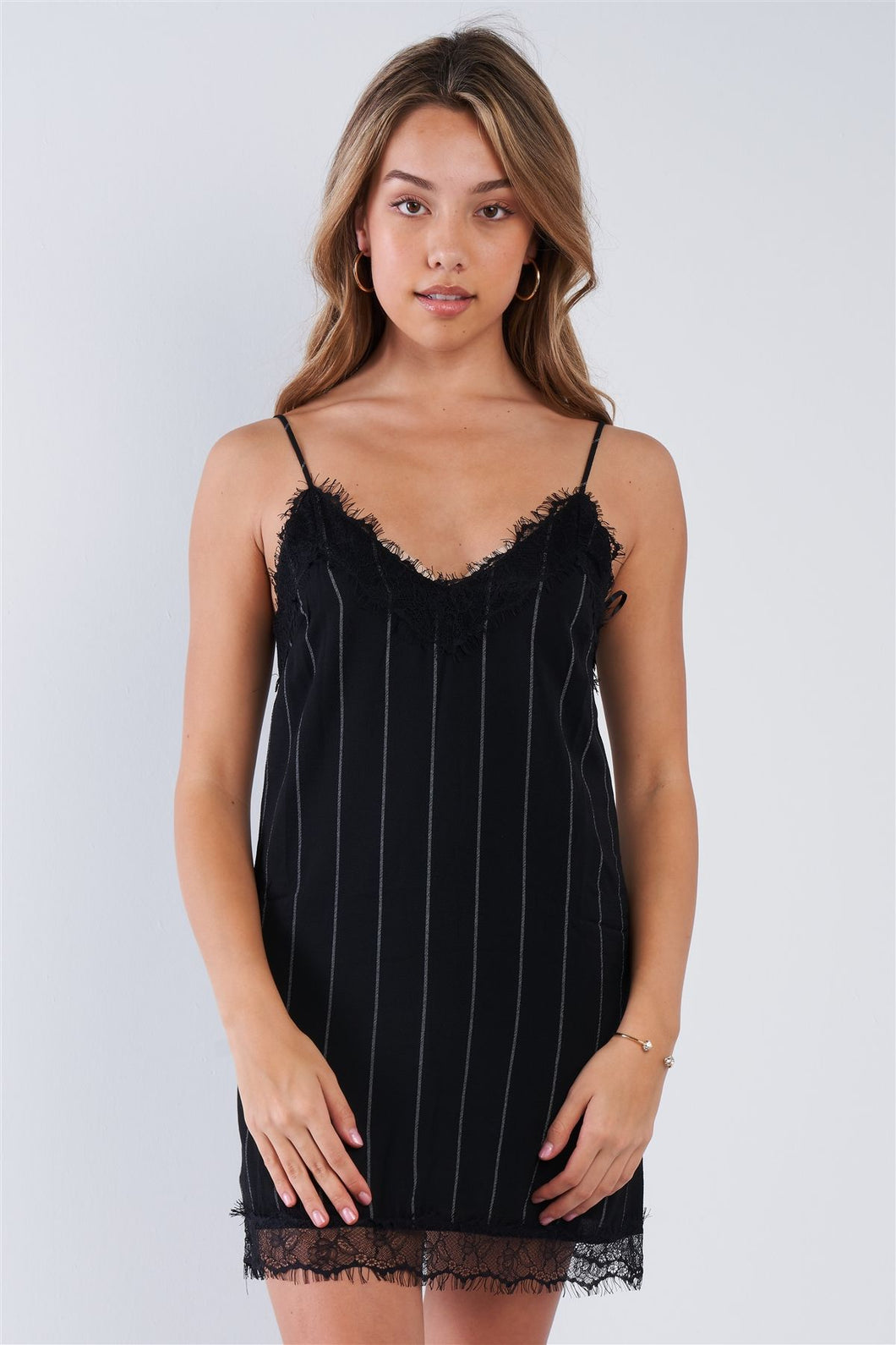 Black Pinstripe Lace Trim Slip Mini Dress