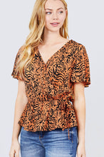 Load image into Gallery viewer, Ruffle Short Sleeve V-neck Surplice Side Ribbon Tie Woven Top