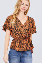 Load image into Gallery viewer, Ruffle Short Sleeve V-neck Surplice Side Ribbon Tie Woven Top