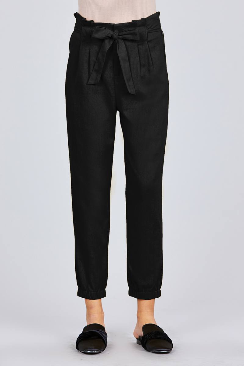 Paperbag W/bow Tie Elastic Hem Long Linen Pants