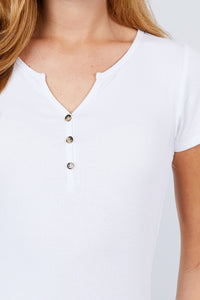 Short Sleeve W/button Detail Henley Neck Rib Knit Top