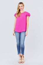 Load image into Gallery viewer, Short Cap Ruffle Sleeve Round Neck Woven Top