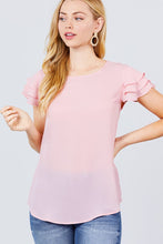 Load image into Gallery viewer, Short Cap Ruffle Sleeve Round Neck Woven Top