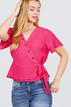 Load image into Gallery viewer, Short Sleeve V-neck Surplice Button Down Detail Ribbon Tie Back Shirring Woven Top