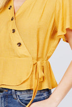 Load image into Gallery viewer, Short Sleeve V-neck Surplice Button Down Detail Ribbon Tie Back Shirring Woven Top