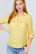 Load image into Gallery viewer, 3/4 Roll Up Sleeve Pocket W/zipper Detail Woven Blouse