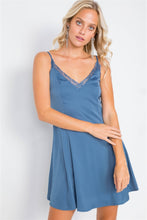 Load image into Gallery viewer, Seafoam Blue V-neck Satin Lace Trim Mini Chic Festival Dress
