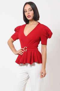 Draped Puff Shoulder Fashion Top With G Buckle Detail