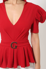 Load image into Gallery viewer, Draped Puff Shoulder Fashion Top With G Buckle Detail