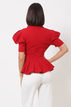 Load image into Gallery viewer, Draped Puff Shoulder Fashion Top With G Buckle Detail