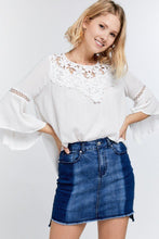 Load image into Gallery viewer, Cute Floral Mesh Lace Accent Yoke Crochet Detailed Tie-back Bell Sleeve Blouse Top