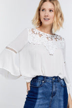 Load image into Gallery viewer, Cute Floral Mesh Lace Accent Yoke Crochet Detailed Tie-back Bell Sleeve Blouse Top