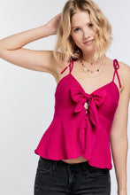 Load image into Gallery viewer, Cutout Detail Ruched Twist Bow Sweetheart Neckline Smocked Back Ribbon Tie Spaghetti Strap Cami Top