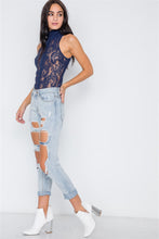 Load image into Gallery viewer, Navy Blue Mock-neck Sheer Button Down Lace Top