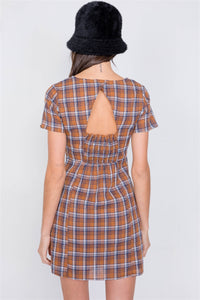 Brown Multi Checkered Stripe Casual Open Back Vintage Mini Dress