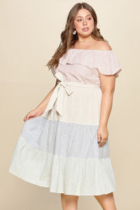Tiered Off-shoulder Flounce Dress Featuring Stripe Details And Self Ties.