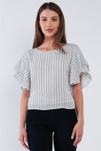 Load image into Gallery viewer, White Black Striped Ruffled Sleeve Backless Belted Blouse Top