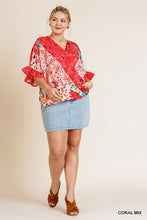 Load image into Gallery viewer, Floral Animal Mixed Print Ruffle Sleeve V-neck Crossbody Top With Scoop Hem