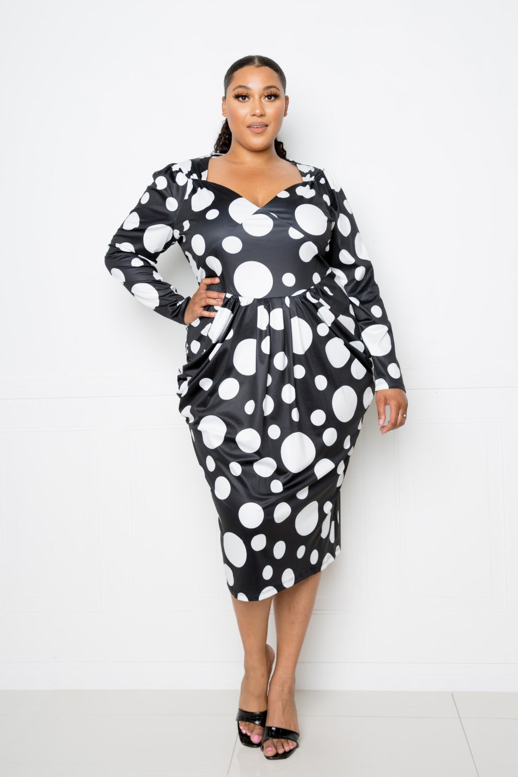 Polka Dot Drop Waist Ruched Midi Dress