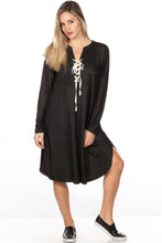 Load image into Gallery viewer, Lace Up V Neck Loose Tunic Dress