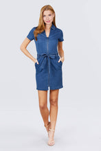 Load image into Gallery viewer, Short Sleeve Collar With Front Zipper Waist Ribbon Denim Mini Dress