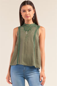 Forest Green Sleeveless Crochet Embroidered Hem Pleated Babydoll Top