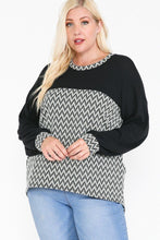 Load image into Gallery viewer, Jacquard Contrast With Drop Shoulder Long Sleeve Round Hem Top