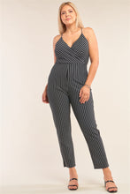 Load image into Gallery viewer, Plus Size Black &amp; White Striped Wrap Sleeveless Criss-cross Strap Deep Plunge V-neck Jumpsuit