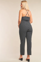 Load image into Gallery viewer, Plus Size Black &amp; White Striped Wrap Sleeveless Criss-cross Strap Deep Plunge V-neck Jumpsuit
