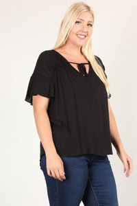 Plus Size Solid Top With A Necktie, Pleated Detail, And Flutter Sleeves