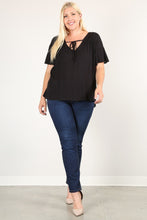 Load image into Gallery viewer, Plus Size Solid Top With A Necktie, Pleated Detail, And Flutter Sleeves