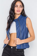 Load image into Gallery viewer, Blue Vegan Leather Faux Fur Lining Triple Zip-up Detail Moto Vest