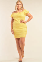 Load image into Gallery viewer, Plus Size Lemon Yellow Sparkly Tweed Plaid Fitted Off-the-shoulder Frill Hem Mini Dress