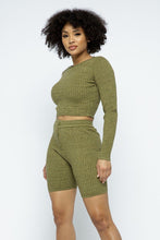 Load image into Gallery viewer, Knit Long Sleeve Cropped Top Knit High-waist Biker Shorts Set