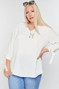 Solid V-neck 3/4 Sleeve Tie Accent Blouse Top