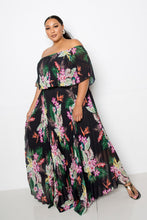 Load image into Gallery viewer, Tropical Printed Off Shoulder Pleated Maxi Dress