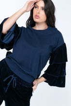 Load image into Gallery viewer, Tiered Velvet Ruffle Sleeve Pullover Crewneck Top