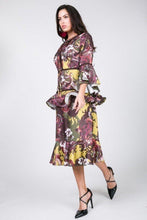 Load image into Gallery viewer, Cascade Ruffle Sleeve Frill Tiered Bottom Print Midi Dress