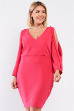 Load image into Gallery viewer, Plus Coral Pink Plunging V-neck Long Slit Sleeve Detail Mini Dress