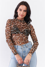 Load image into Gallery viewer, Taupe Brown Jaguar Print Sheer Mesh Mock Neck Long Sleeve Bodysuit