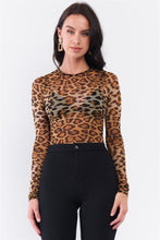 Load image into Gallery viewer, Brown Leopard Print Sheer Mesh Crew Neck Long Sleeve Bodysuit